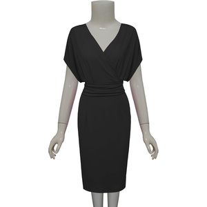 Black Pleated Waist Surplice Neckline Bodycon Midi Dress - Small